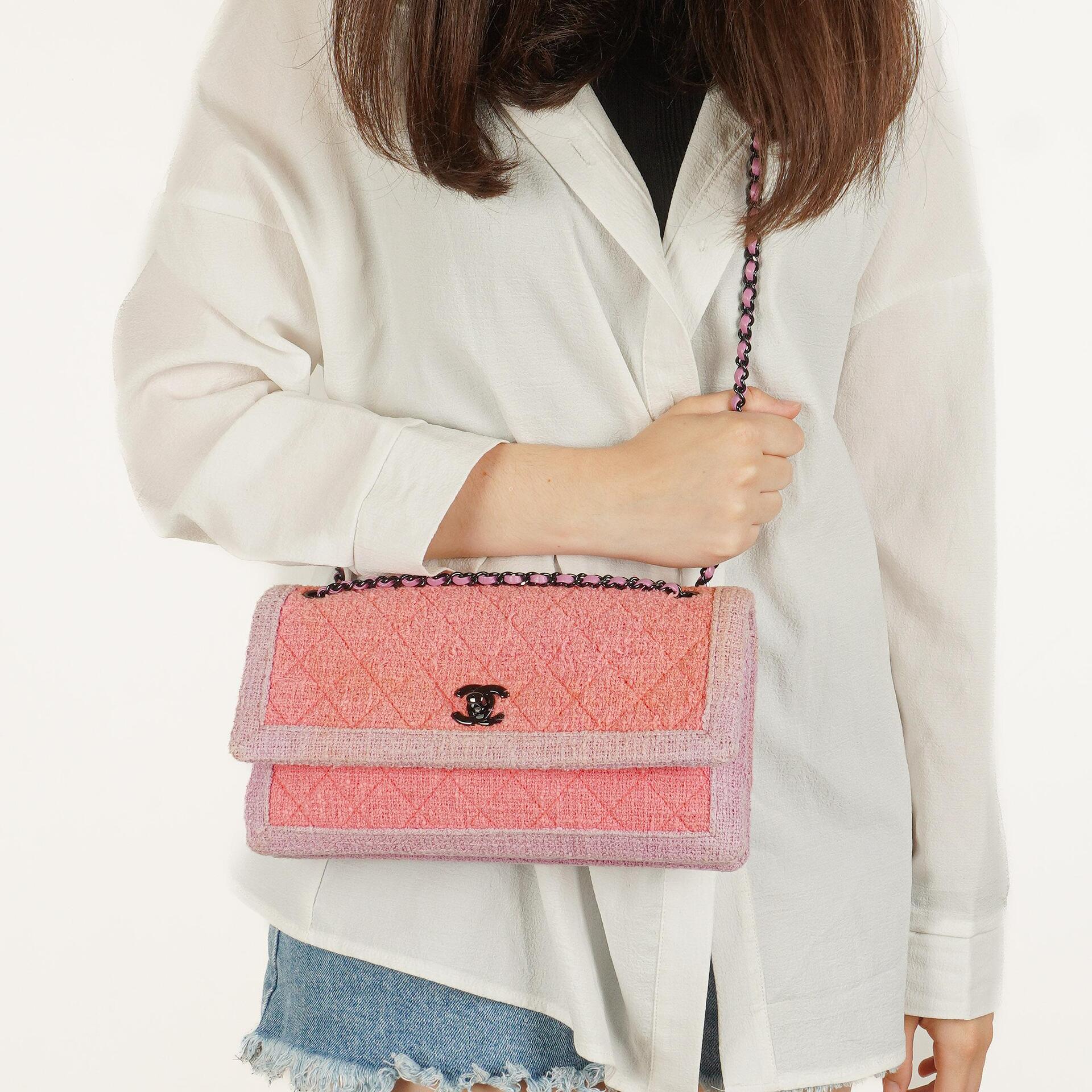 Chanel Tweed Medium Zweifarbig Rosa Schulter Double Flap Tasche