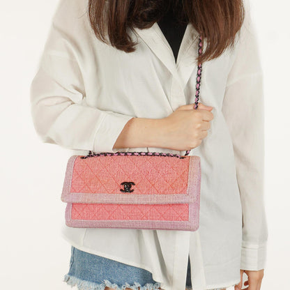 Chanel Tweed Medium Zweifarbig Rosa Schulter Double Flap Tasche