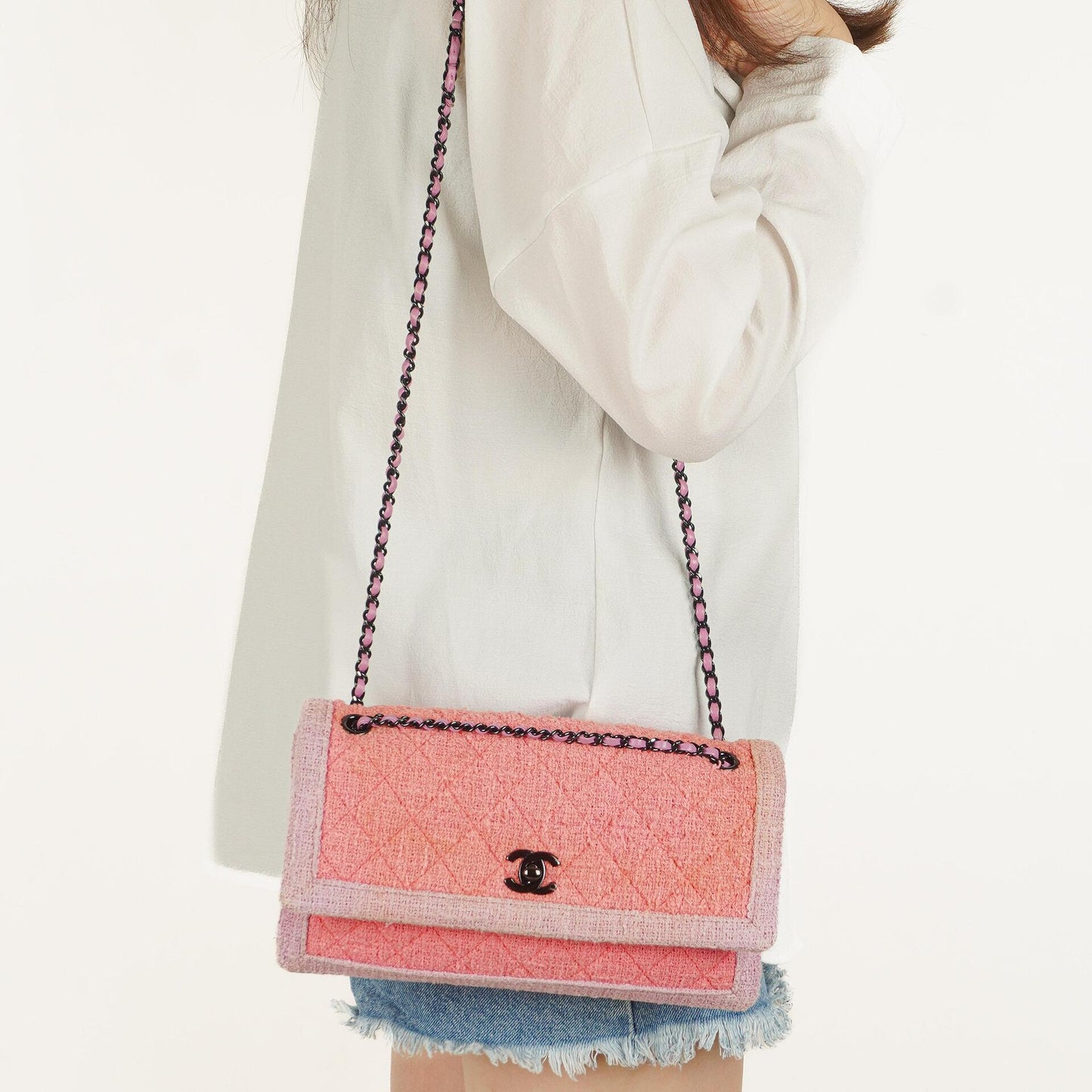 Chanel Tweed Medium Zweifarbig Rosa Schulter Double Flap Tasche