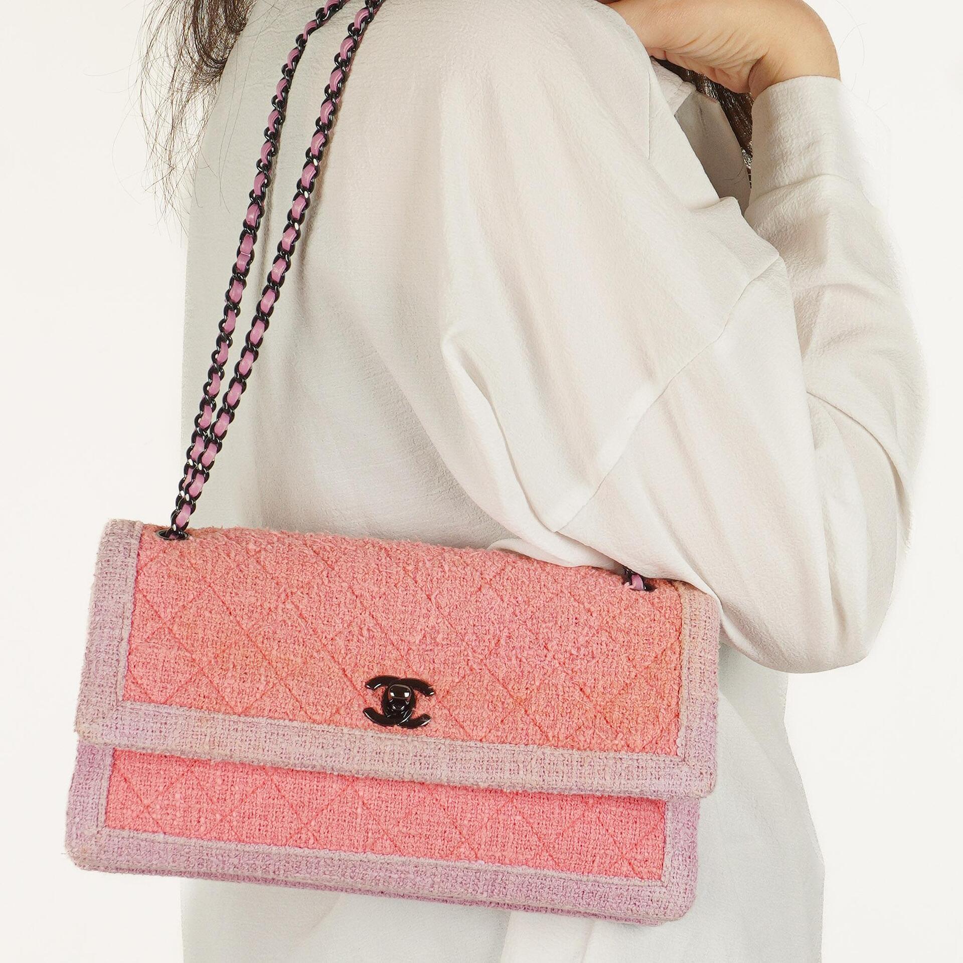 Chanel Tweed Medium Zweifarbig Rosa Schulter Double Flap Tasche