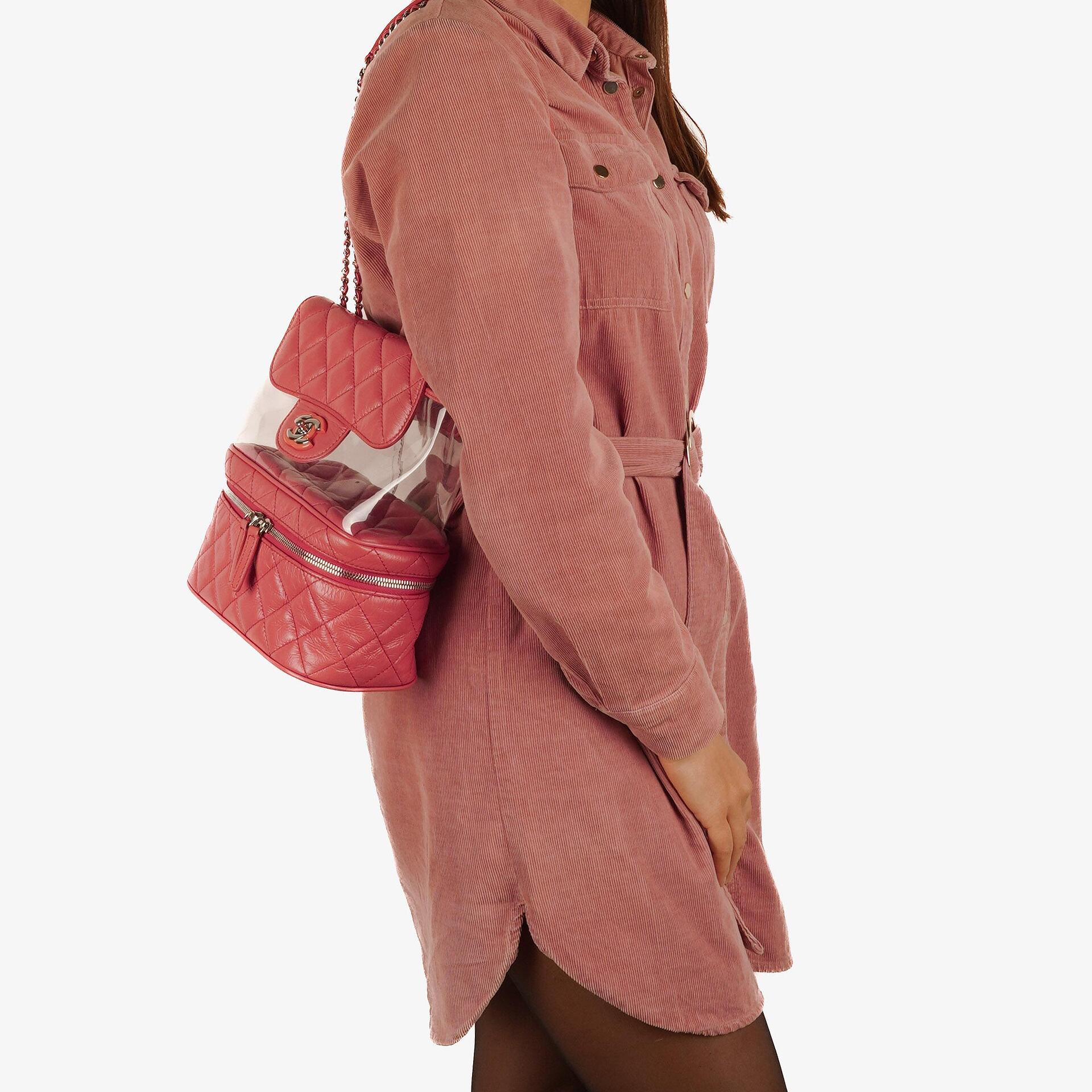 Chanel Vanity Schultertasche In Genarbtem Rosa Gestepptem Kalbsleder Und Klarem PVC, 2017-2018