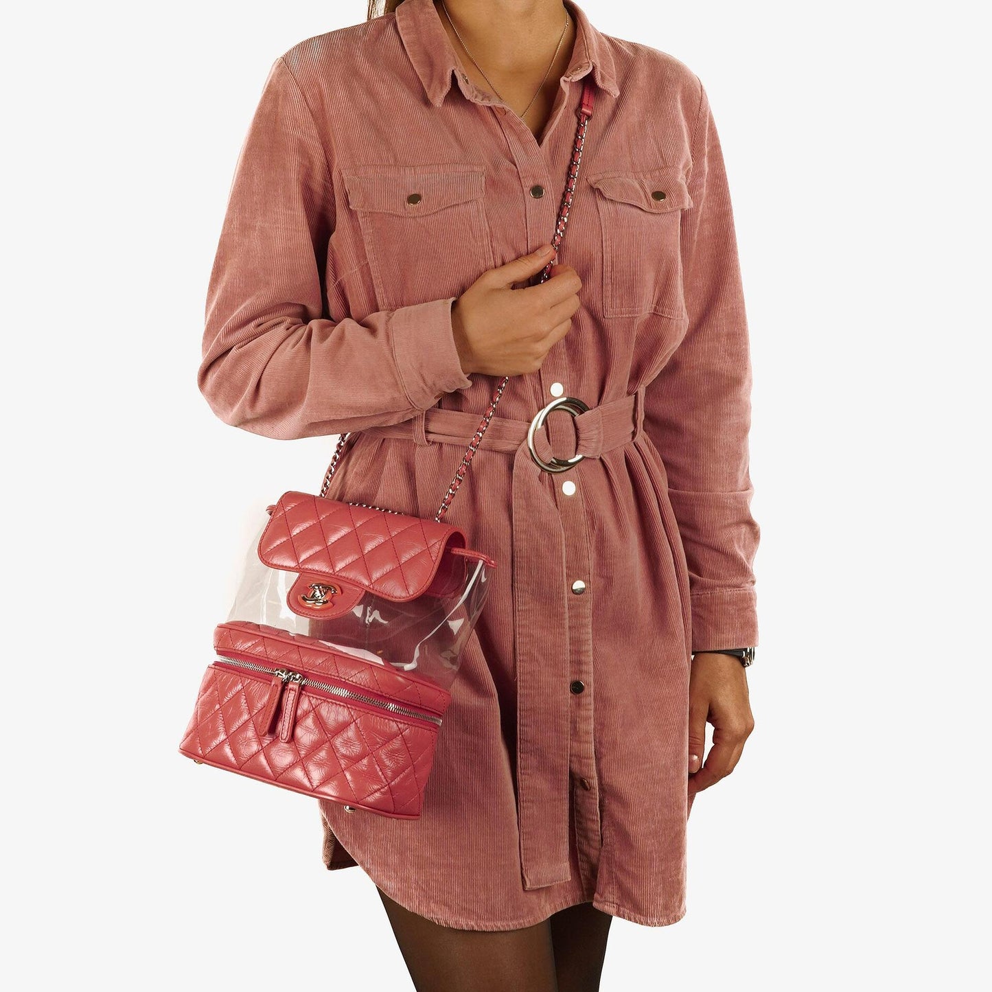 Chanel Vanity Schultertasche In Genarbtem Rosa Gestepptem Kalbsleder Und Klarem PVC, 2017-2018