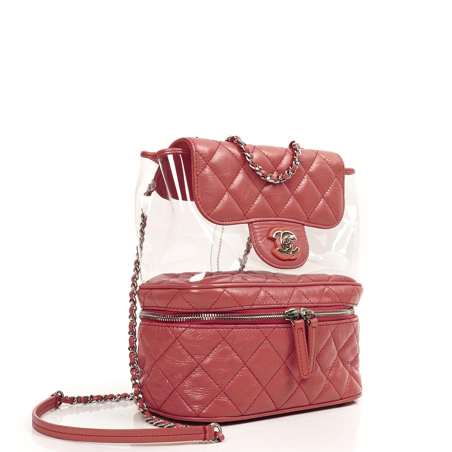 Chanel Vanity Schultertasche In Genarbtem Rosa Gestepptem Kalbsleder Und Klarem PVC, 2017-2018