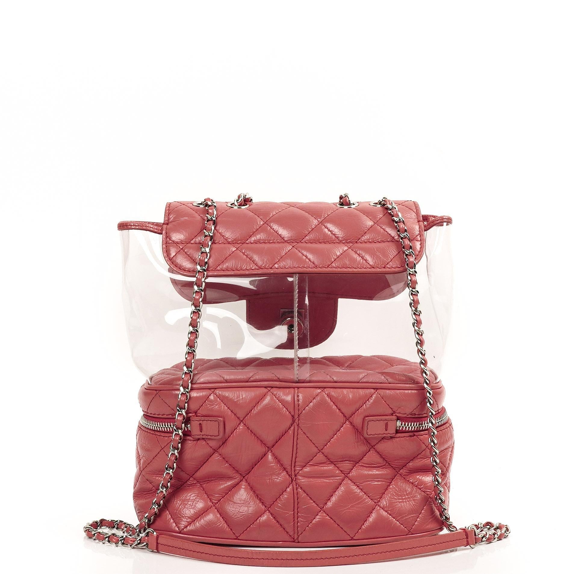 Chanel Vanity Schultertasche In Genarbtem Rosa Gestepptem Kalbsleder Und Klarem PVC, 2017-2018