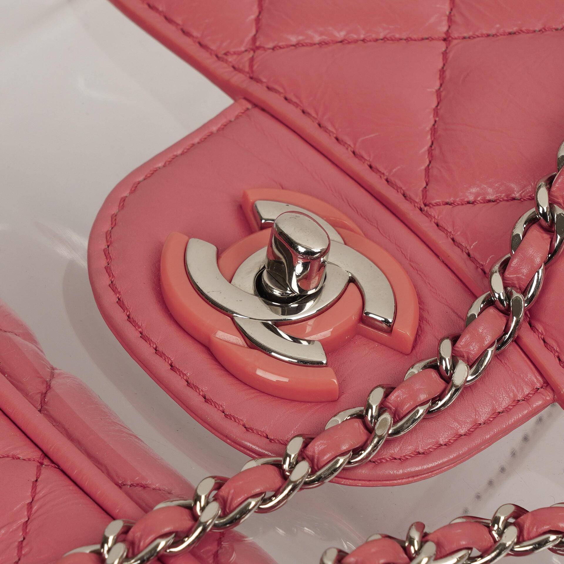 Chanel Vanity Schultertasche In Genarbtem Rosa Gestepptem Kalbsleder Und Klarem PVC, 2017-2018