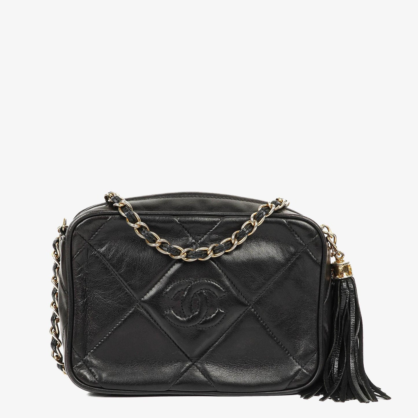 Chanel Vintage Camera Tasche mit Quaste CC aus schwarzem gestepptem Leder
