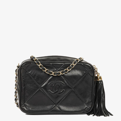Chanel Vintage Camera Tasche mit Quaste CC aus schwarzem gestepptem Leder
