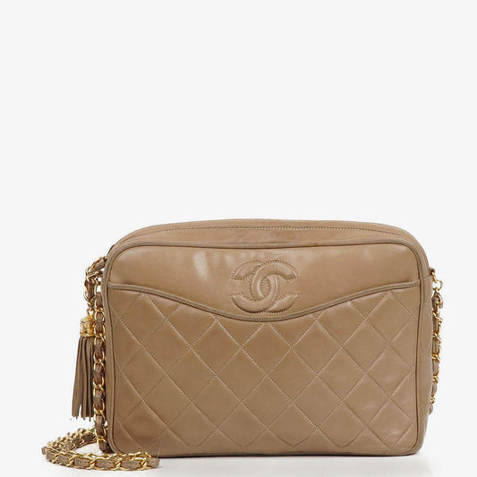 Chanel Vintage Kamera Quaste Tasche CC Fronttasche Beige Gequiltetes Lammleder