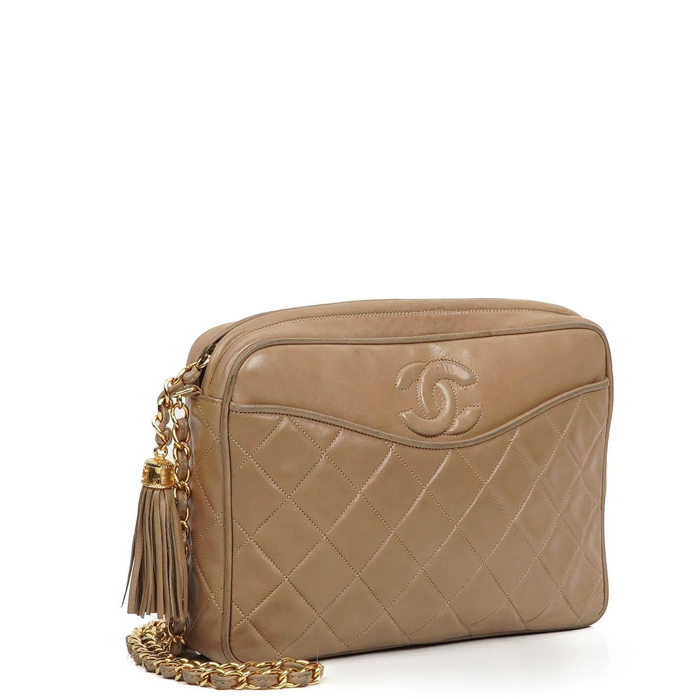 Chanel Vintage Kamera Quaste Tasche CC Fronttasche Beige Gequiltetes Lammleder