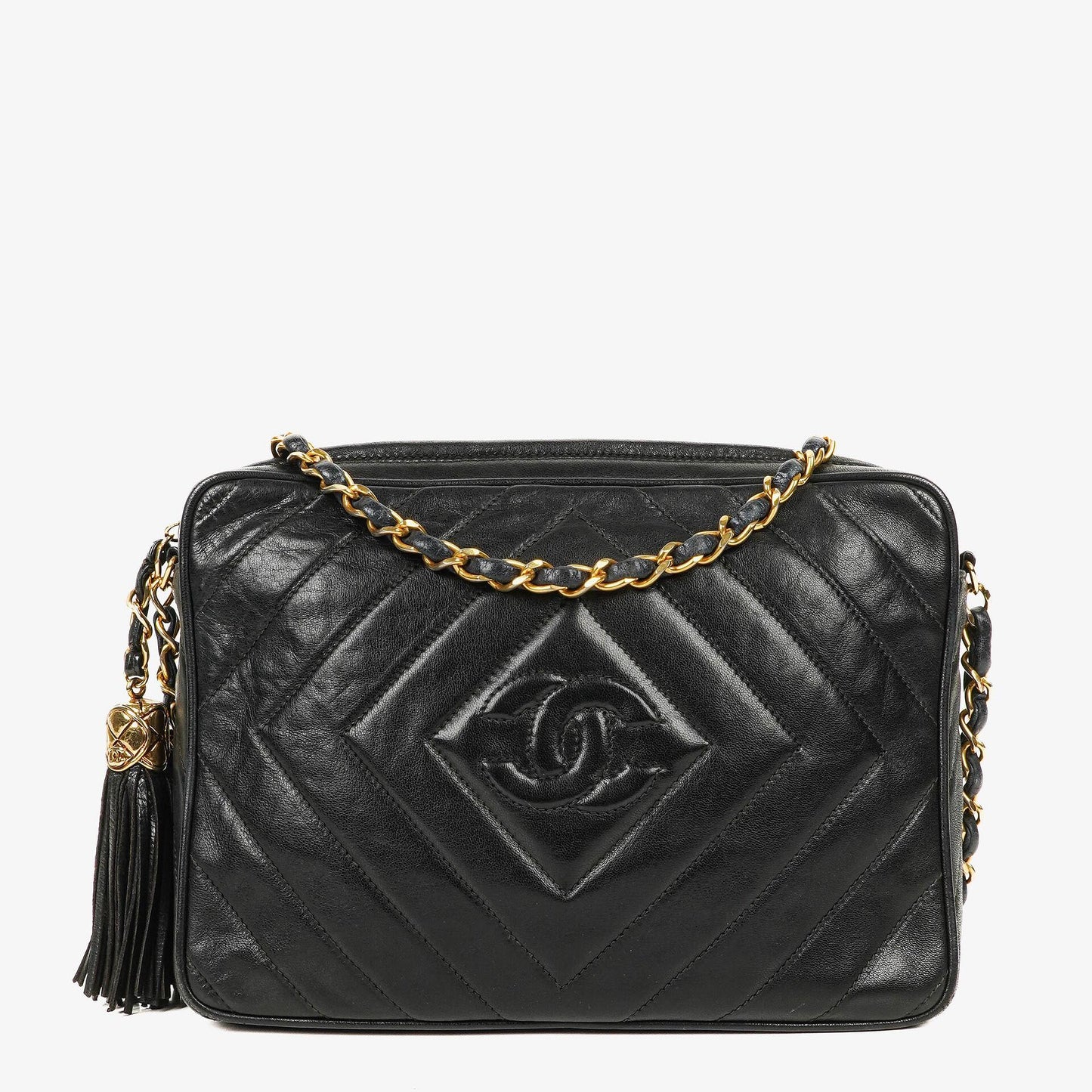CHANEL Vintage CC Kamera-Quasten-Tasche aus schwarzem Lammleder