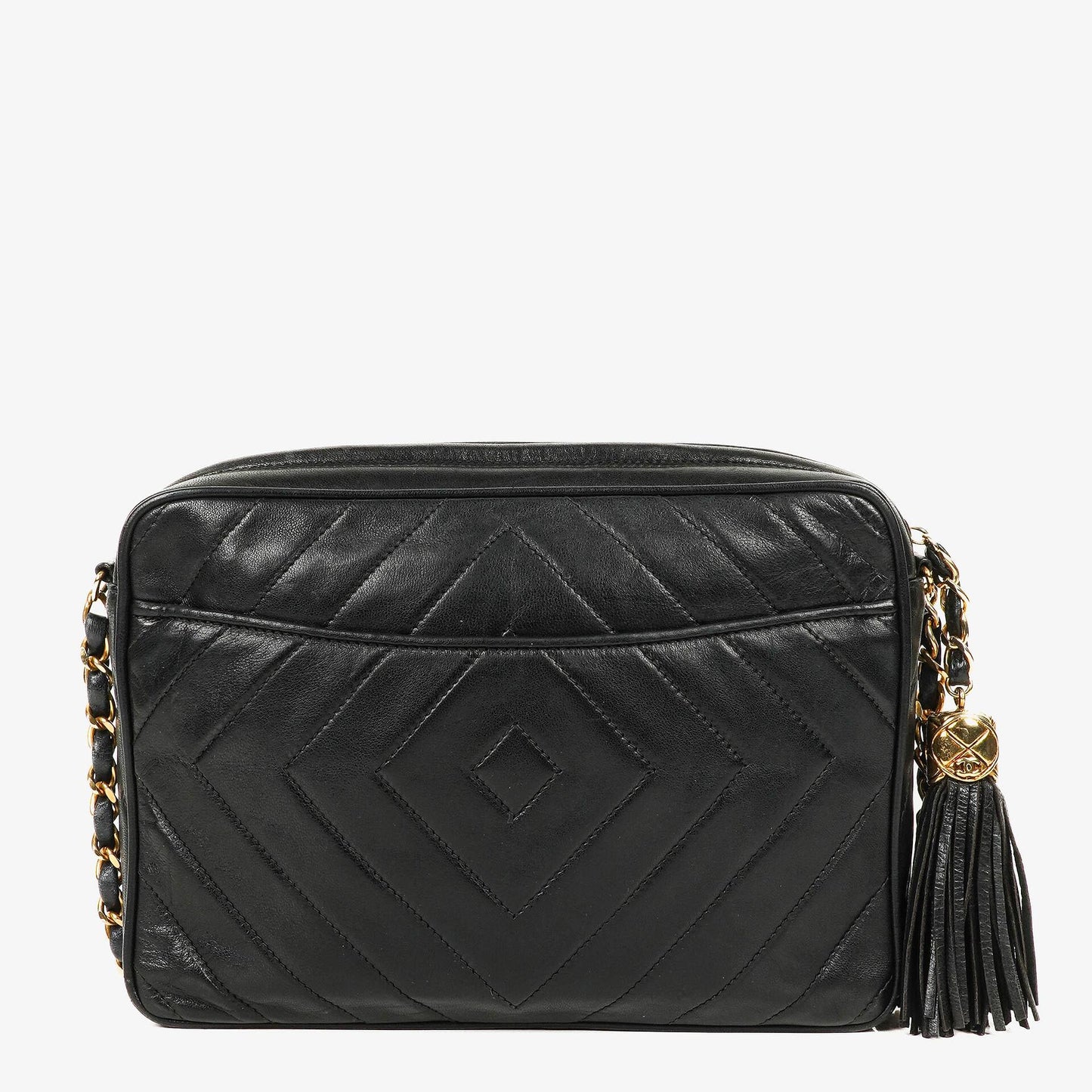 CHANEL Vintage CC Kamera-Quasten-Tasche aus schwarzem Lammleder