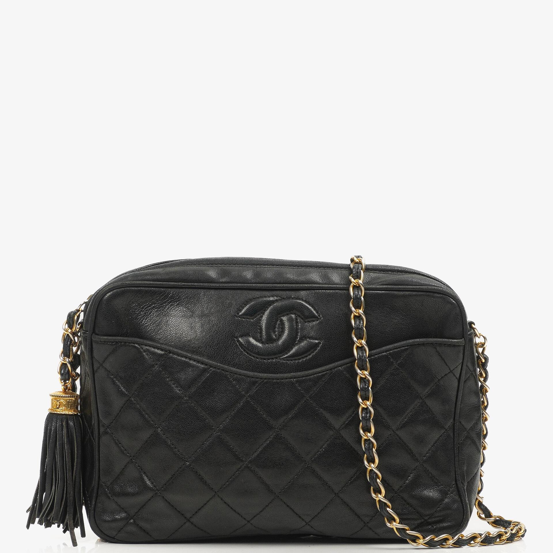 Chanel Vintage Kamera Quaste Tasche CC Front Pocket Schwarze Gequiltete Lammleder