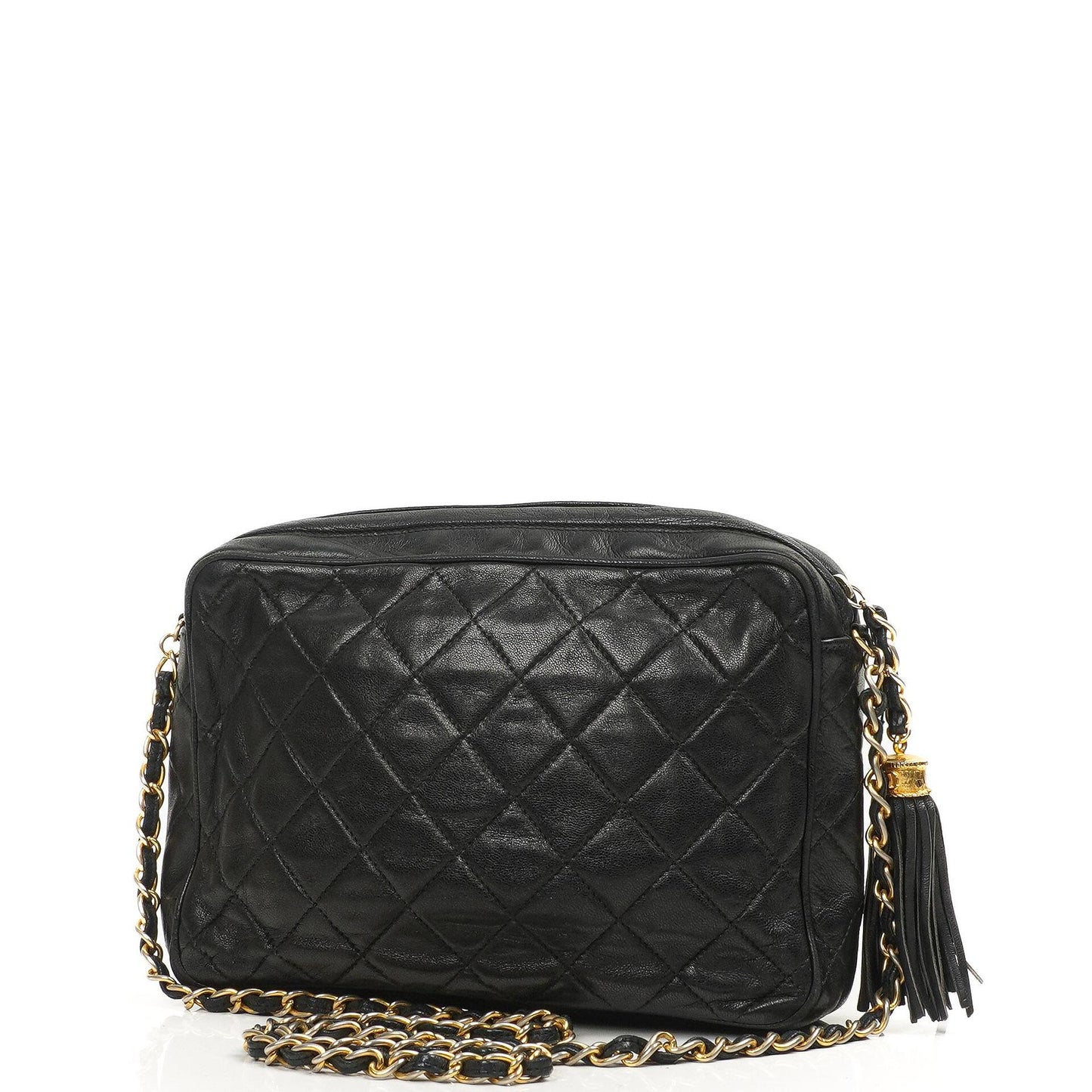 Chanel Vintage Kamera Quaste Tasche CC Front Pocket Schwarze Gequiltete Lammleder