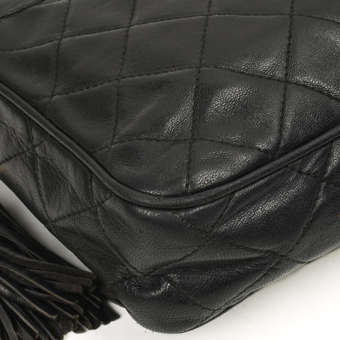 Chanel Vintage Kamera Quaste Tasche CC Front Pocket Schwarze Gequiltete Lammleder