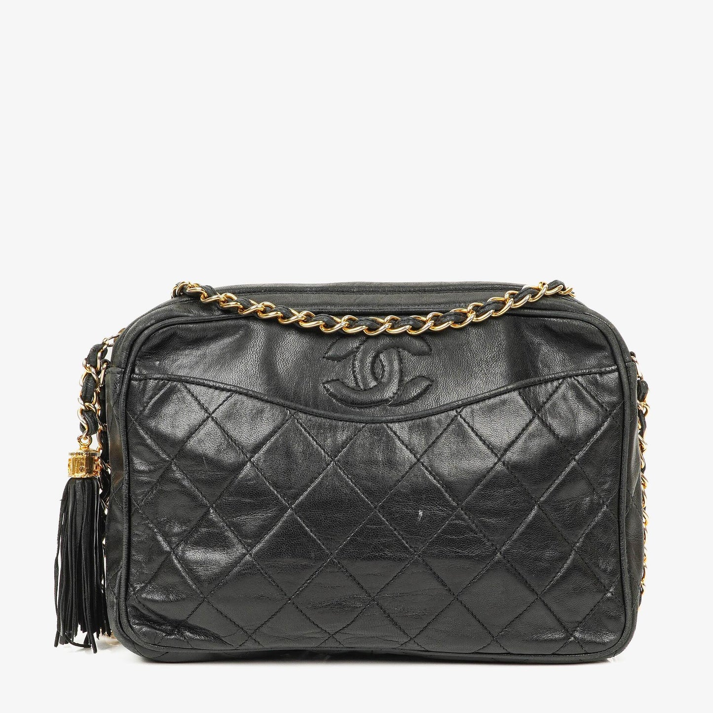 Chanel Vintage Camera Bag mit Quaste und CC-Fronttasche aus schwarzem gestepptem Lammleder