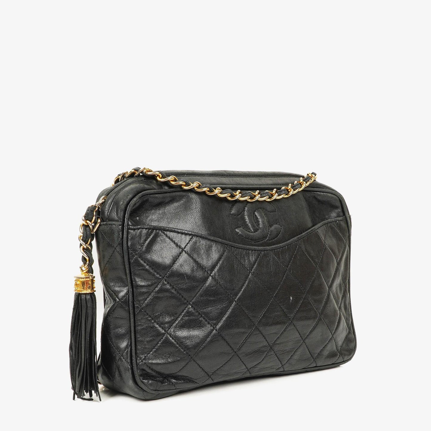 Chanel Vintage Camera Bag mit Quaste und CC-Fronttasche aus schwarzem gestepptem Lammleder