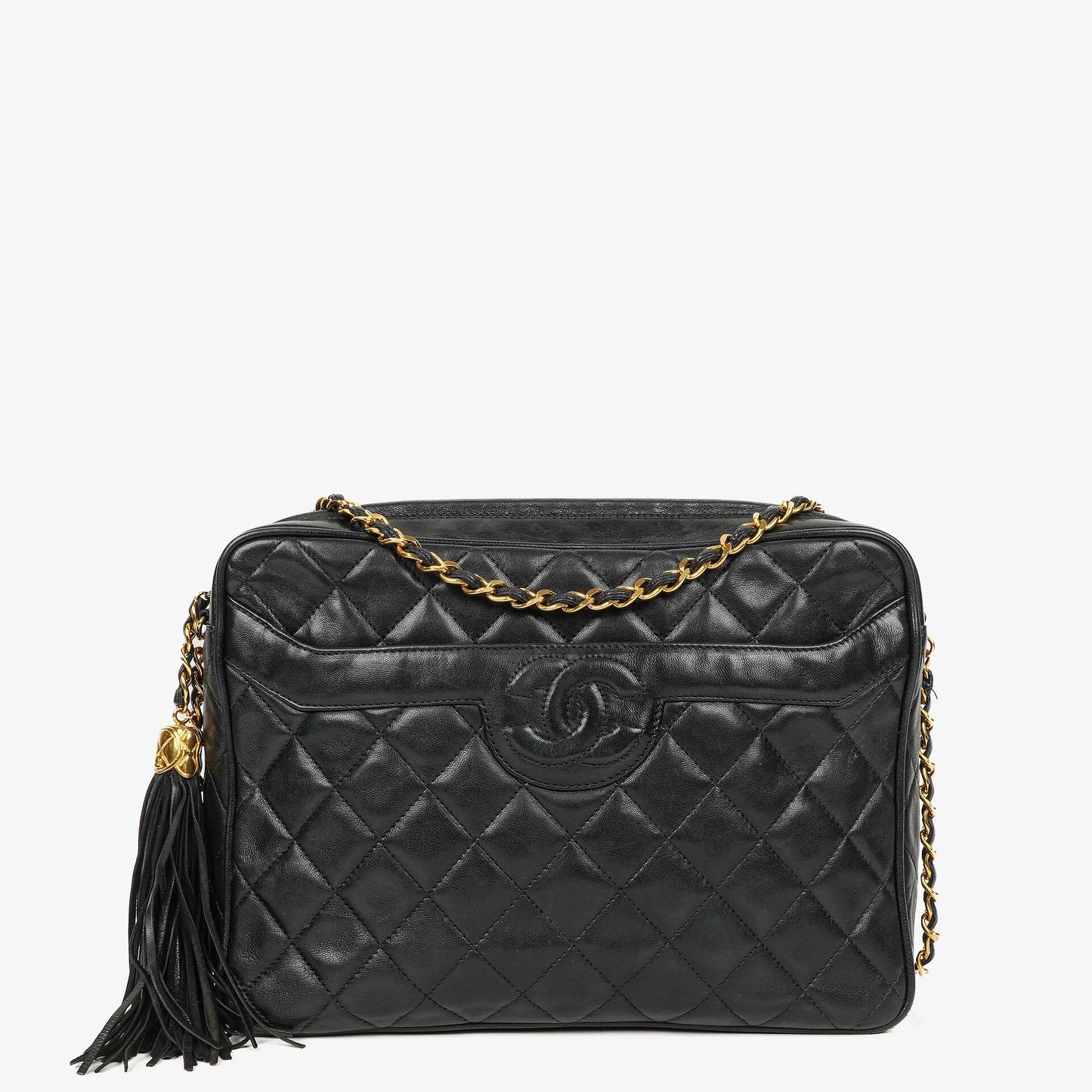 Chanel Vintage Camera Tassel Bag mit CC Front Pocket aus schwarzem gestepptem Lammleder