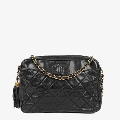 Chanel Vintage Kamera Quaste Tasche CC Front Pocket Schwarze Gequiltete Lammleder