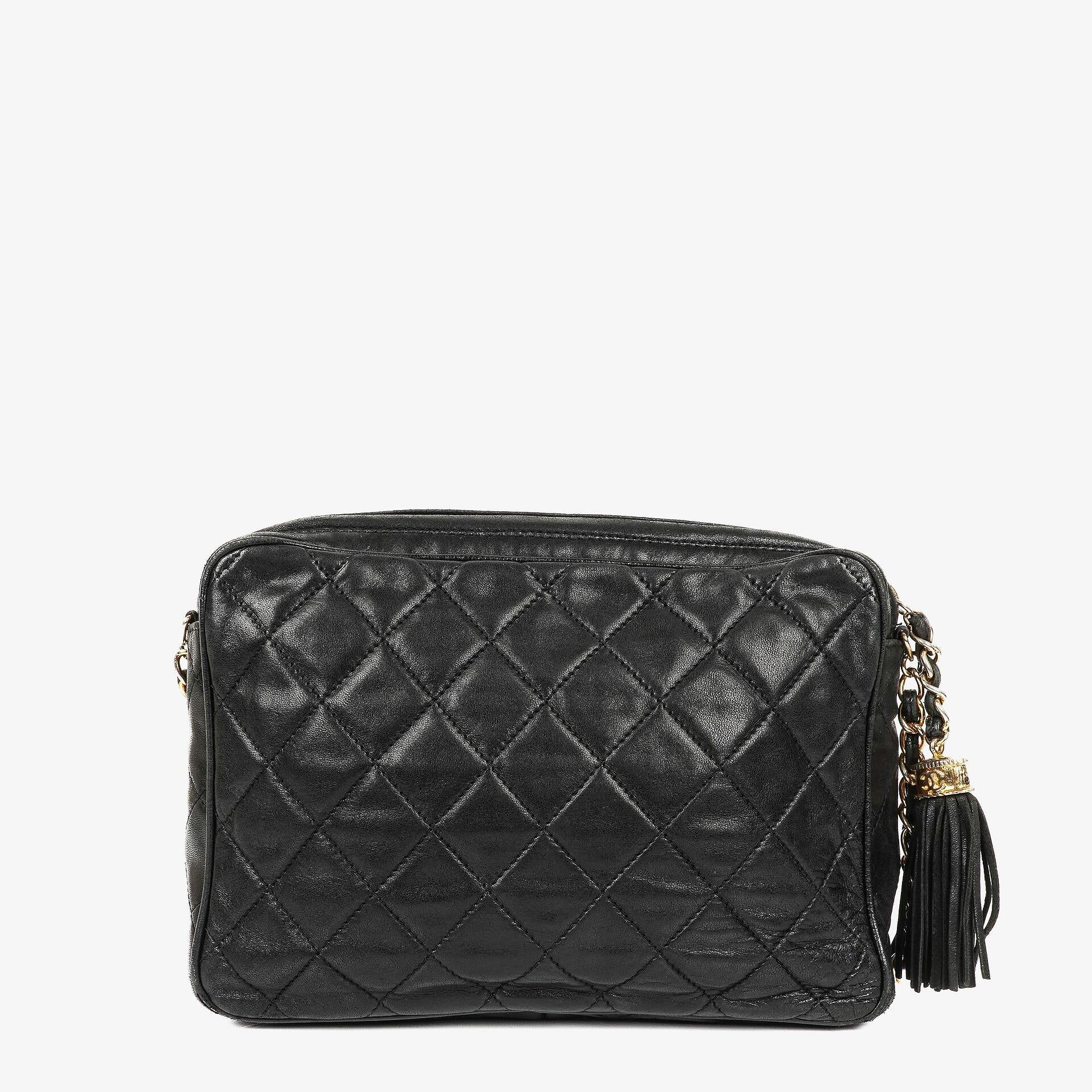 Chanel Vintage Kamera Quaste Tasche CC Front Pocket Schwarze Gequiltete Lammleder