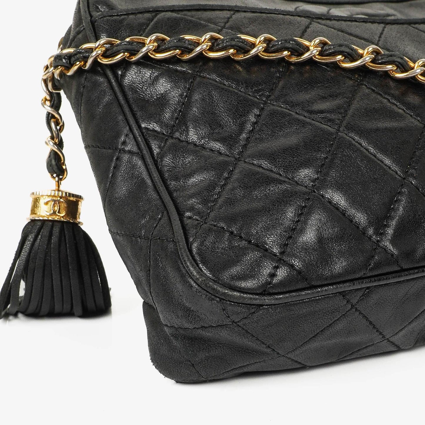 Chanel Vintage Kamera Quaste Tasche CC Front Pocket Schwarze Gequiltete Lammleder
