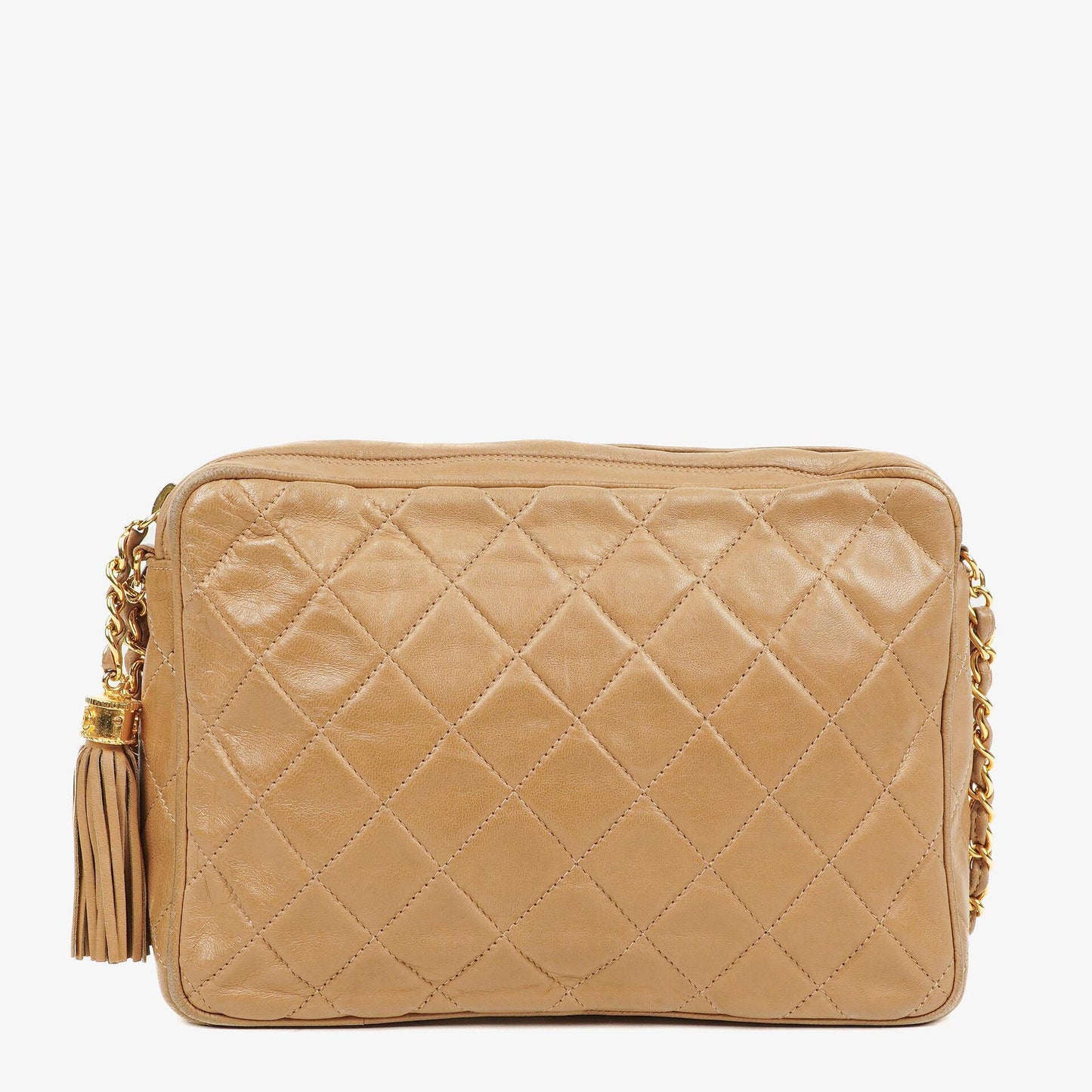 Chanel Vintage Camera Tassel Tasche aus beigem gestepptem Lammleder