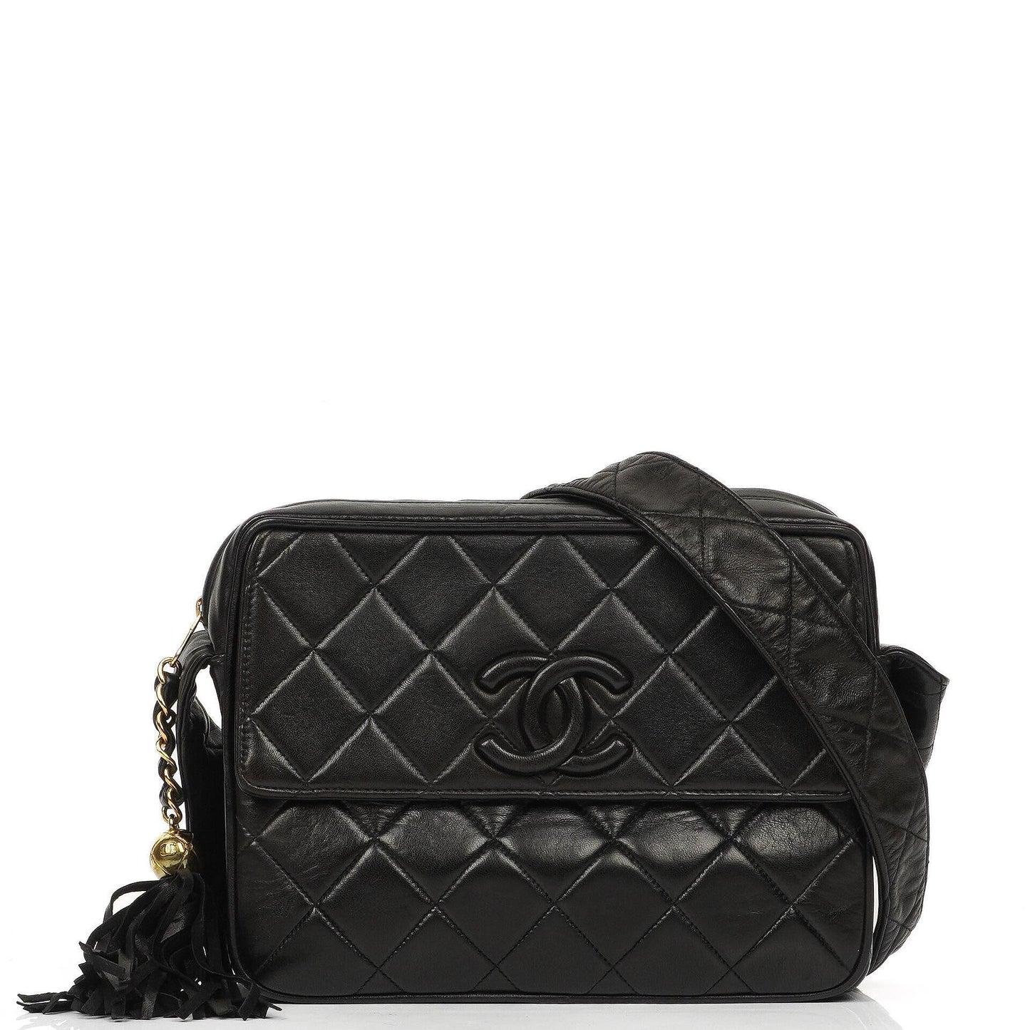 Chanel Vintage Camera Tassel CC Flap Pocket Tasche aus schwarzem gestepptem Lammleder mit Goldbeschlägen