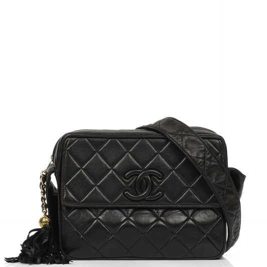 Chanel Vintage Camera Tassel CC Flap Pocket Tasche aus schwarzem gestepptem Lammleder mit Goldbeschlägen
