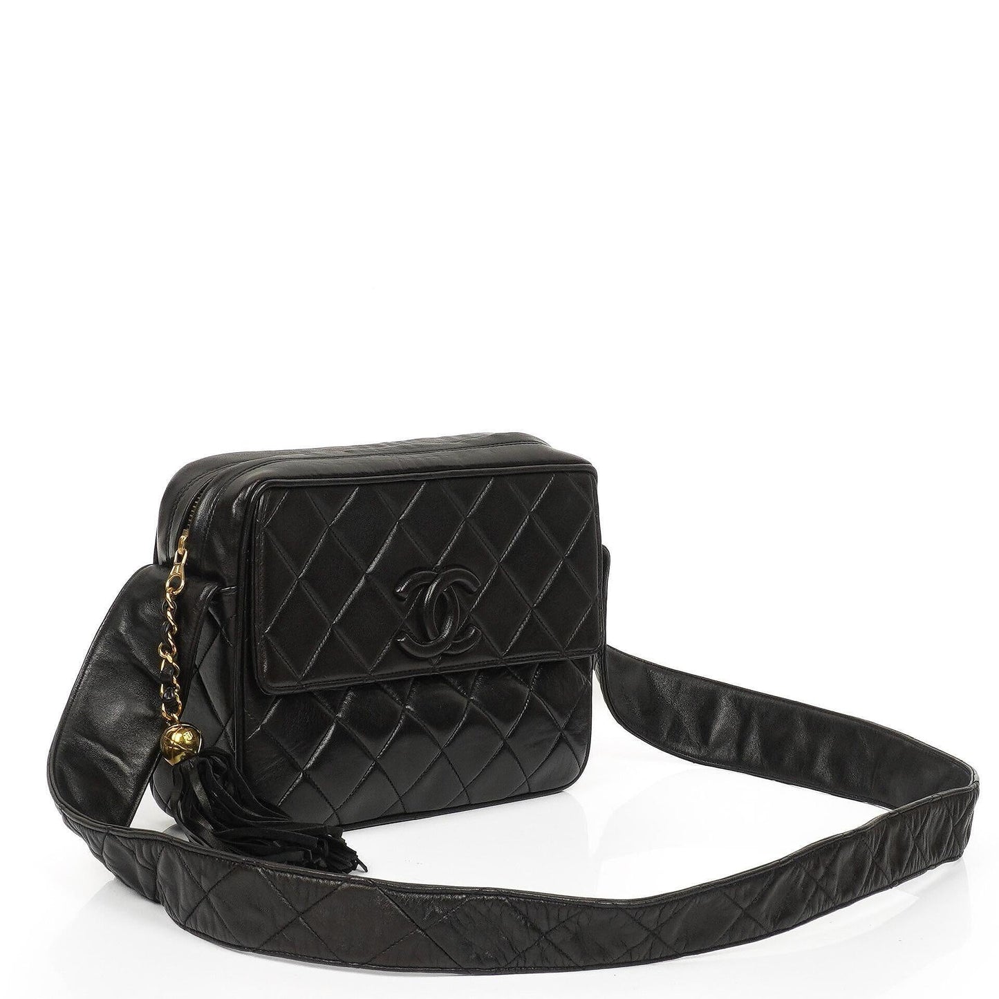 Chanel Vintage Camera Tassel CC Flap Pocket Tasche aus schwarzem gestepptem Lammleder mit Goldbeschlägen