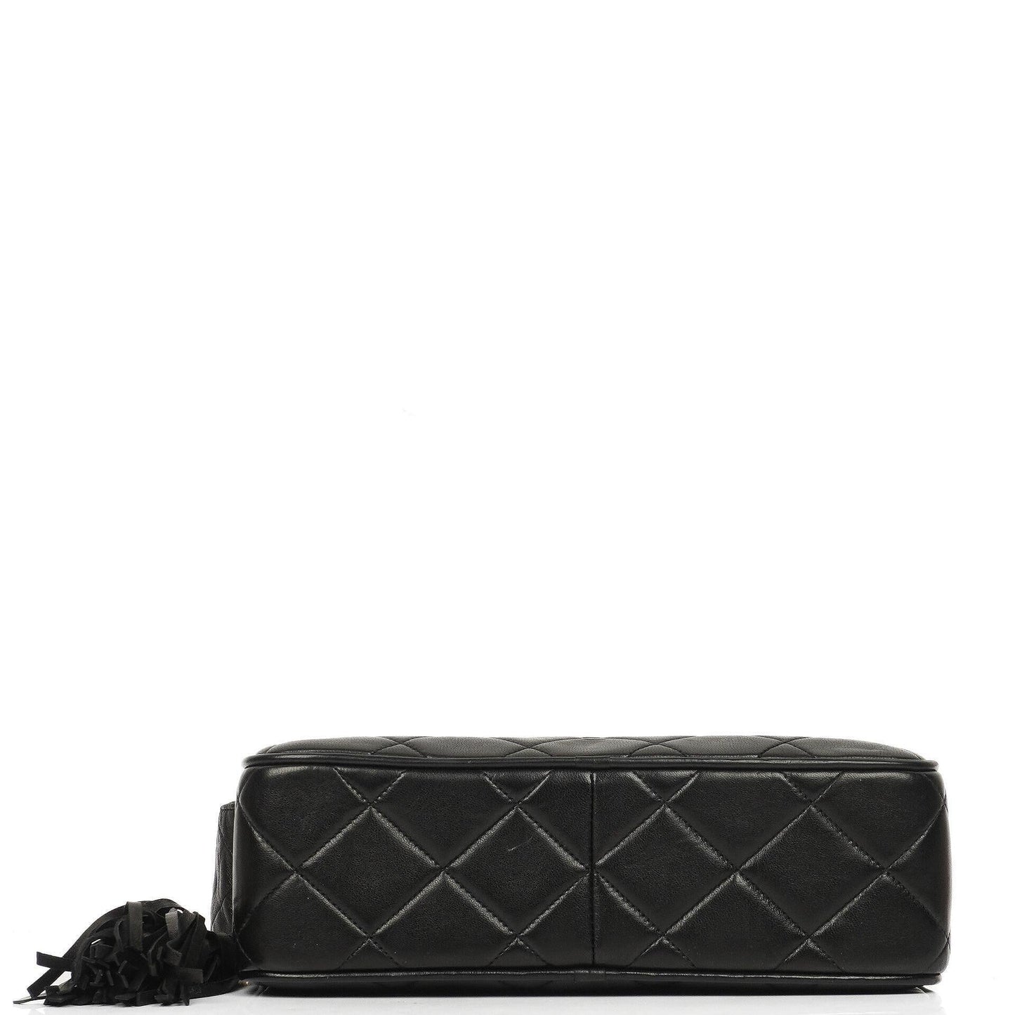 Chanel Vintage Camera Tassel CC Flap Pocket Tasche aus schwarzem gestepptem Lammleder mit Goldbeschlägen