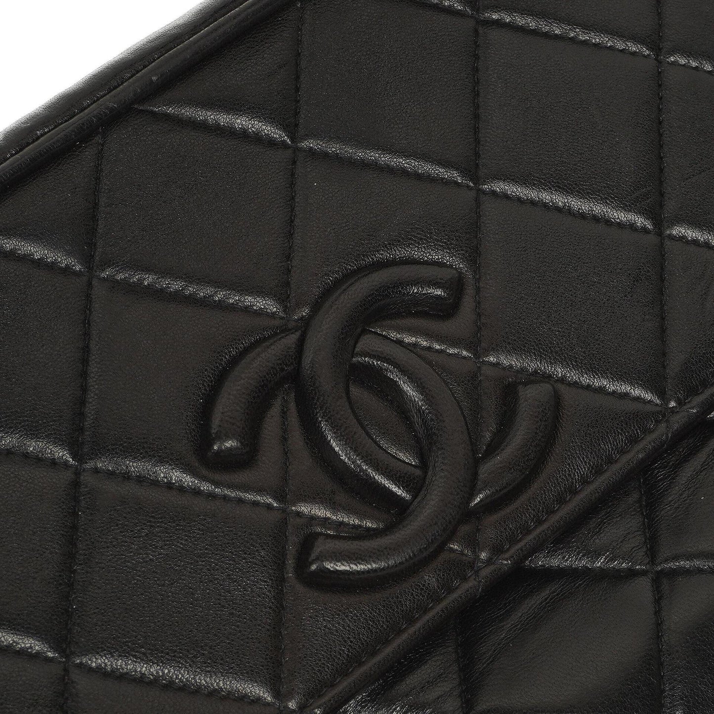 Chanel Vintage Camera Tassel CC Flap Pocket Tasche aus schwarzem gestepptem Lammleder mit Goldbeschlägen