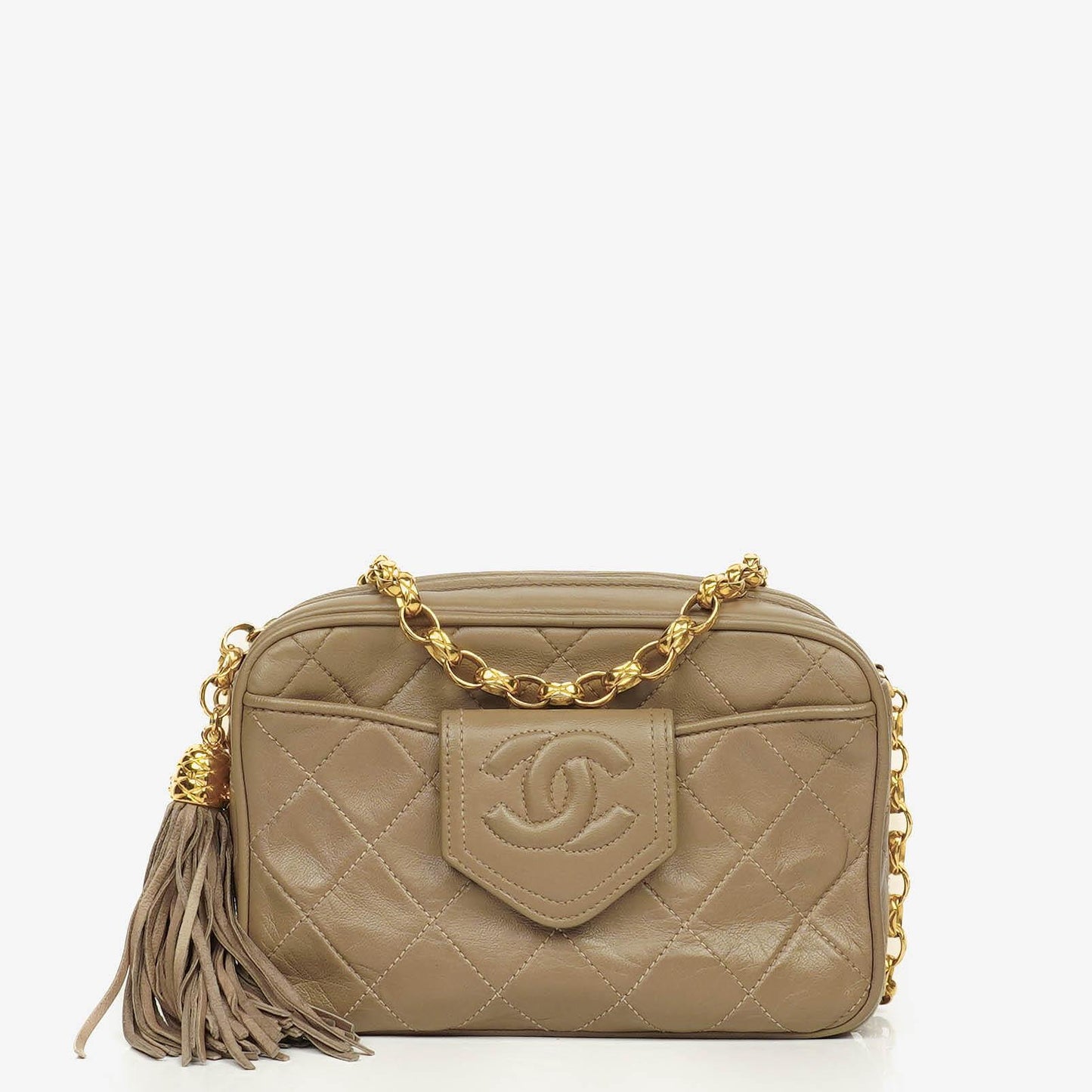 Chanel Vintage CC Camera Tassel Bag aus beigem gestepptem Lammleder