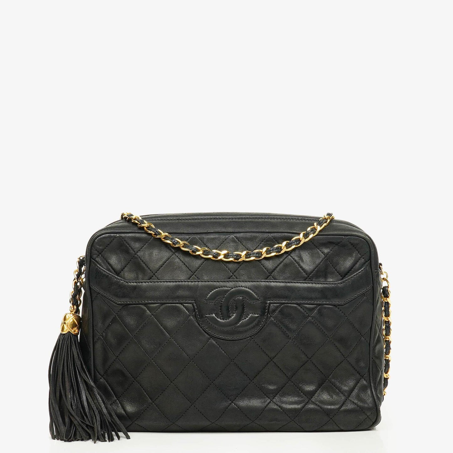 CHANEL Vintage CC Kamera-Quasten-Tasche aus schwarzem gestepptem Lammleder