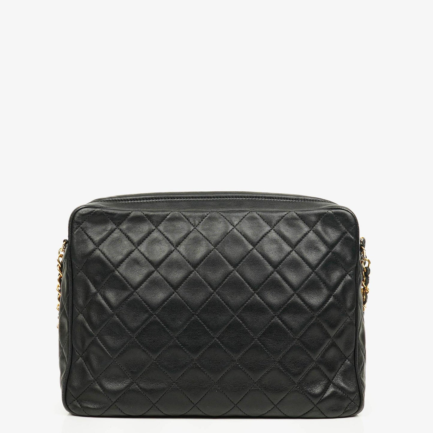 CHANEL Vintage CC Kamera-Quasten-Tasche aus schwarzem gestepptem Lammleder