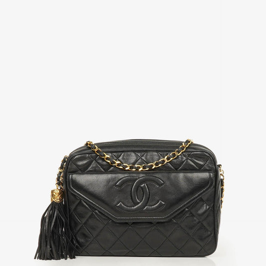 Chanel Vintage CC Camera Tassel Bag aus schwarzem gestepptem Lammleder