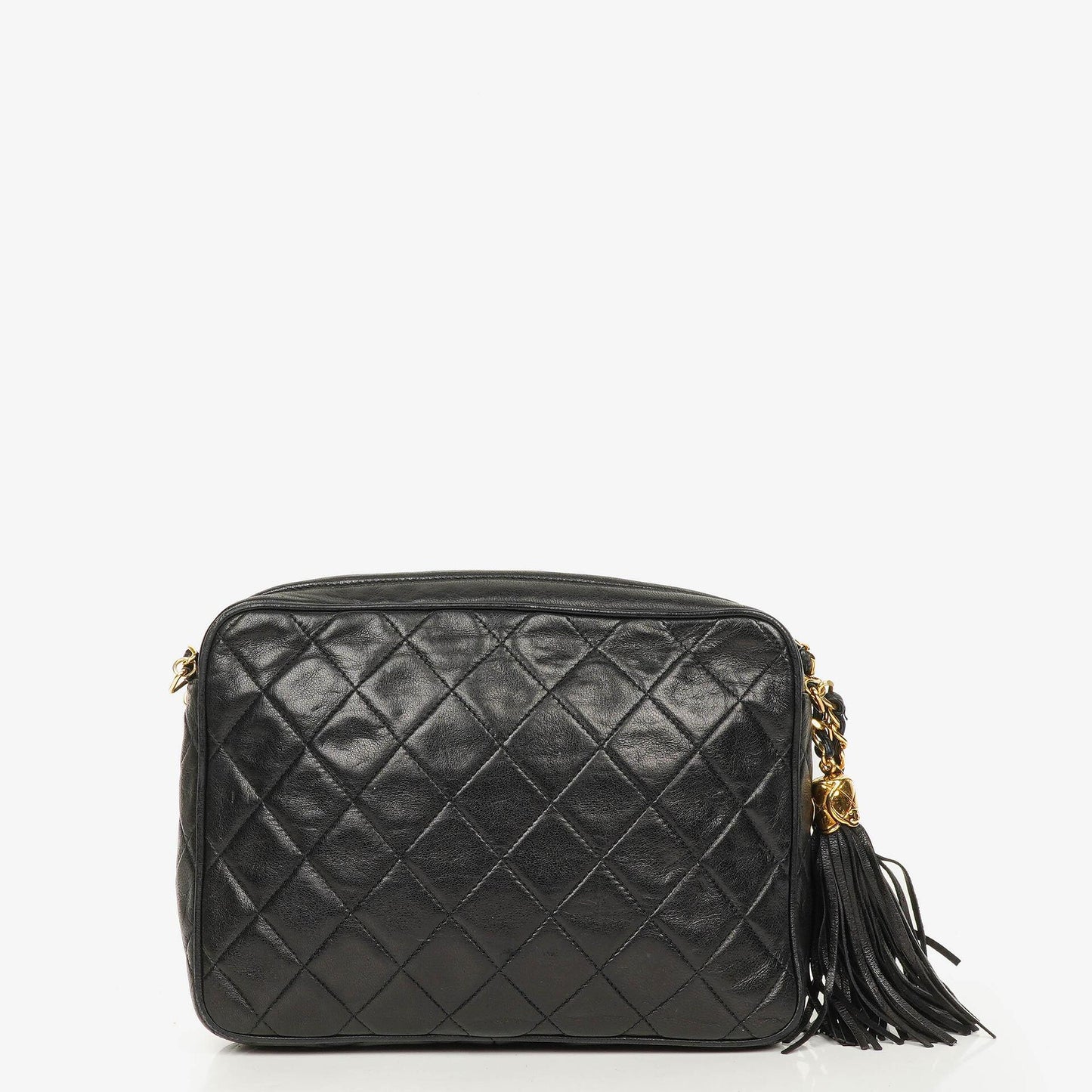 Chanel Vintage CC Camera Tassel Bag aus schwarzem gestepptem Lammleder