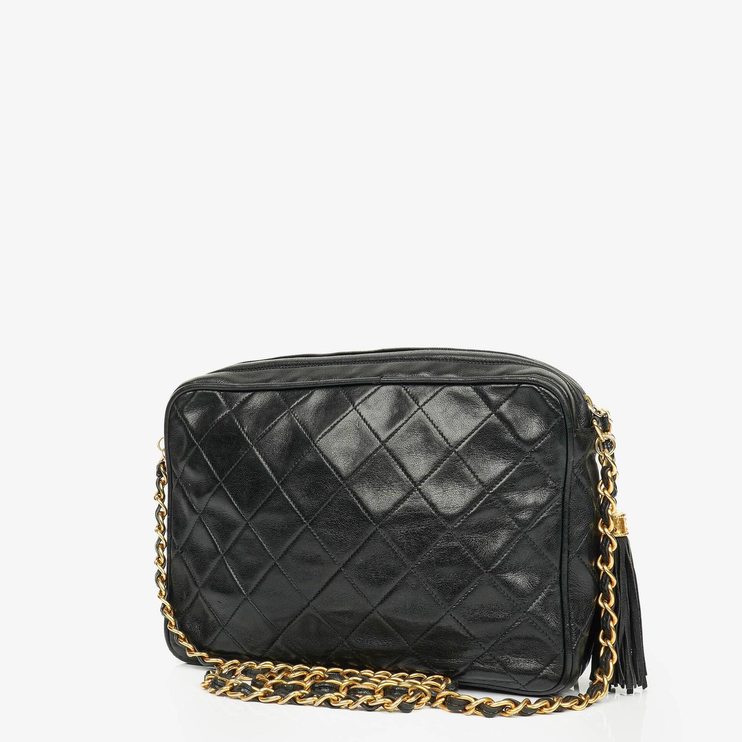Chanel Vintage CC Camera Bag aus schwarzem gestepptem Lammleder mit Quaste