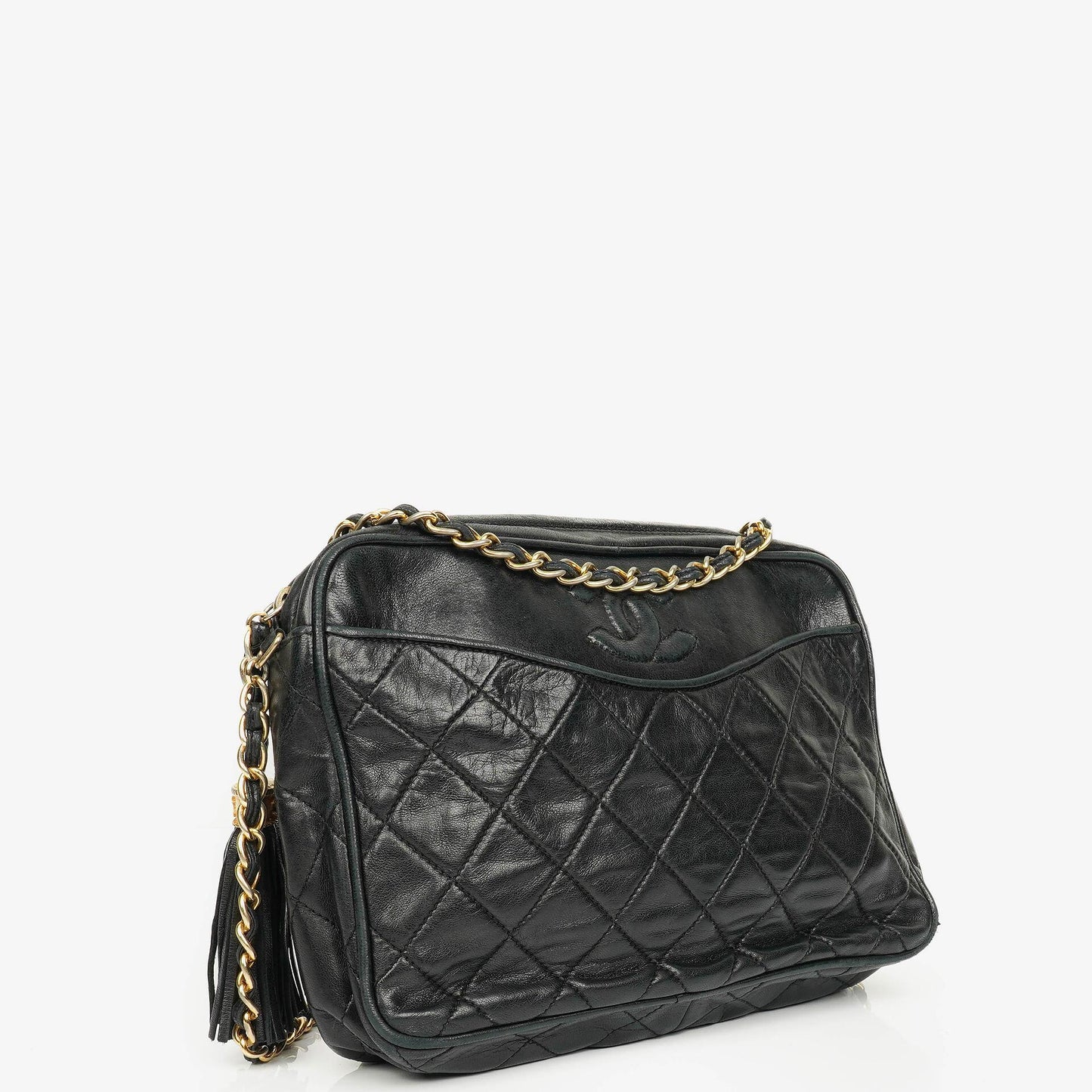 Chanel Vintage CC Camera Tassel Tasche aus schwarzem gestepptem Lammleder