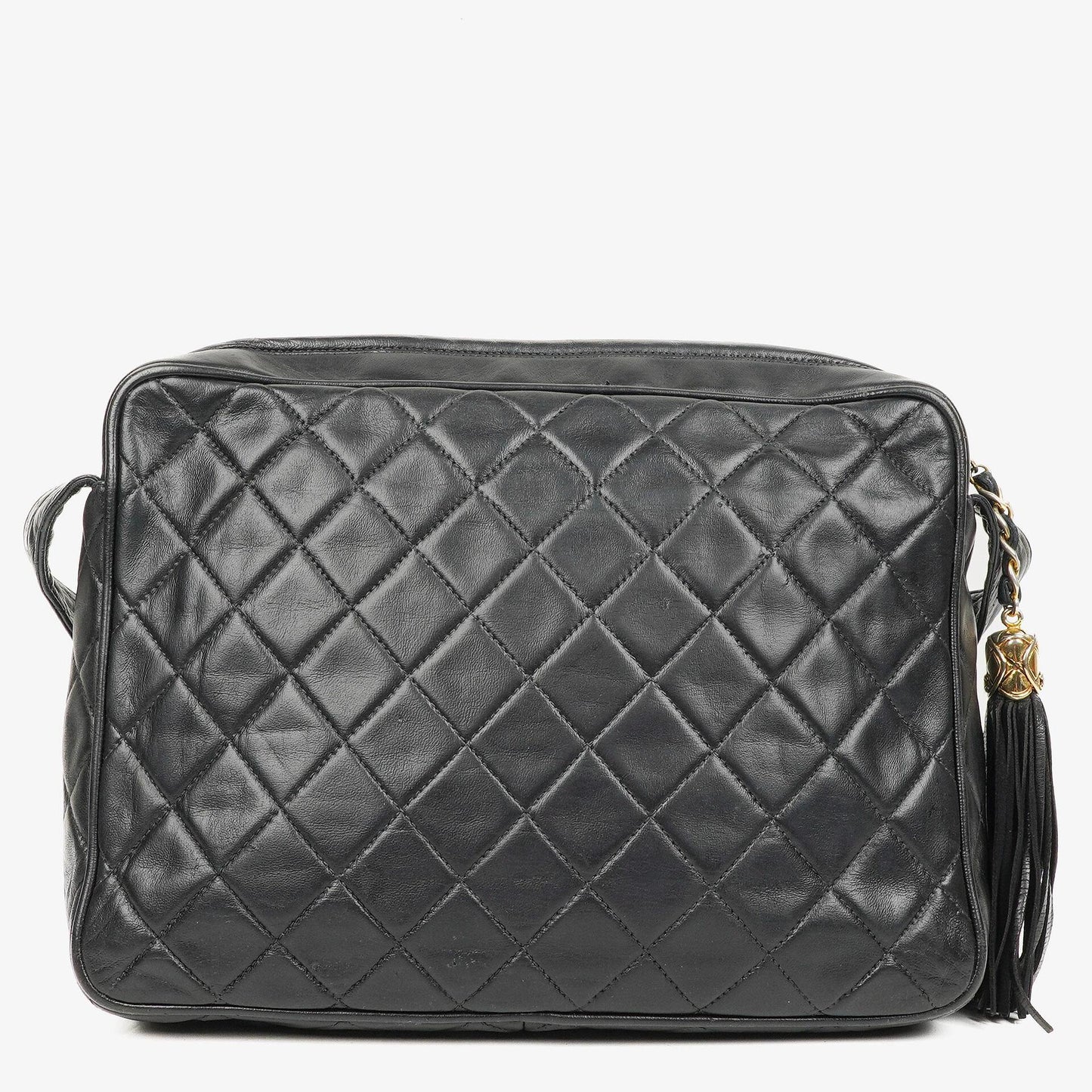 Chanel Vintage CC Große Camera Tassel Tasche aus schwarzem gestepptem Lammleder