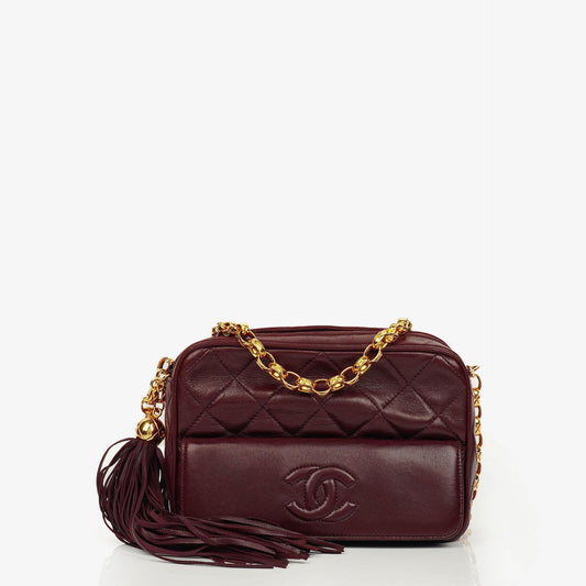 Chanel Vintage CC Camera Tassel Tasche aus burgunderfarbenem gestepptem Lammleder