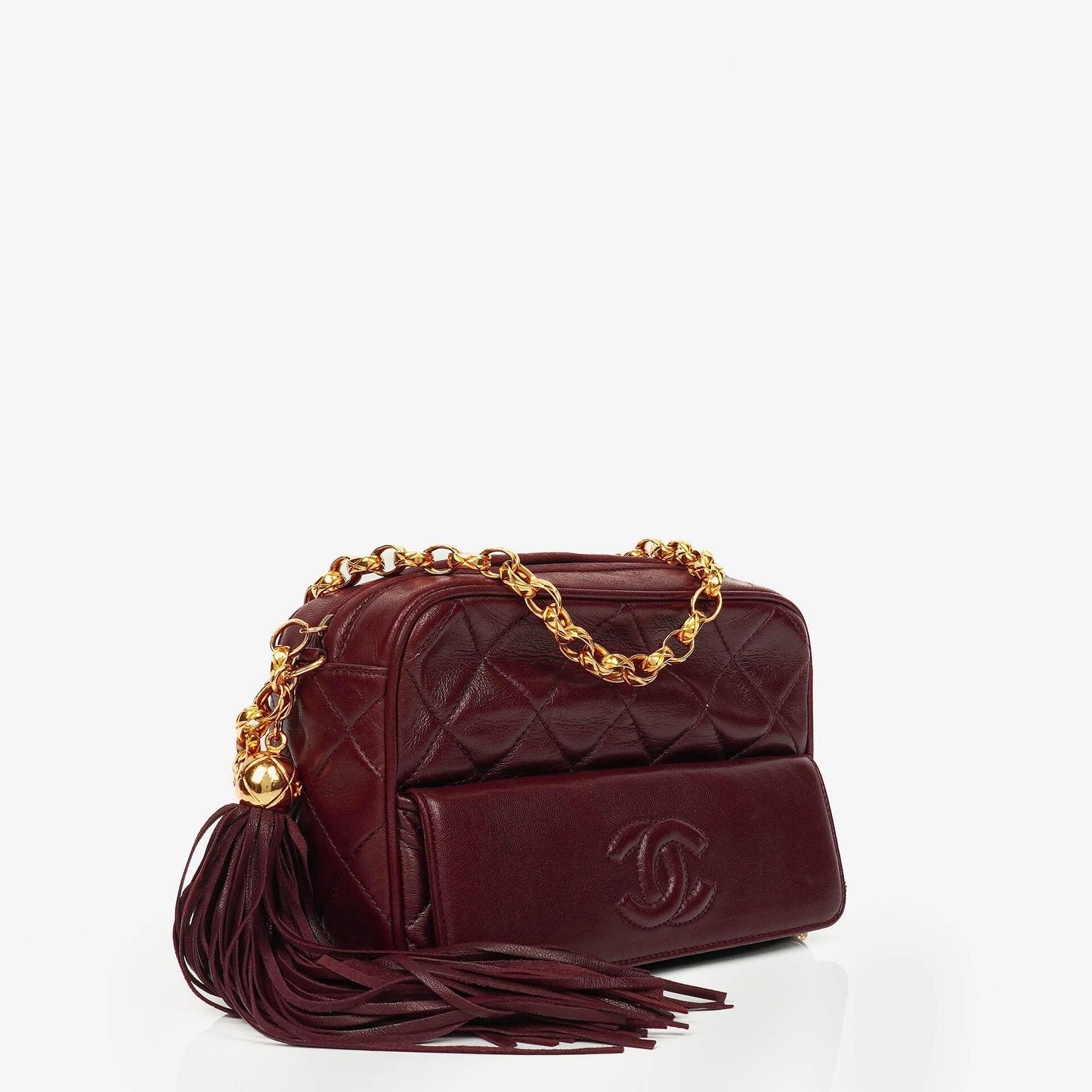 Chanel Vintage CC Camera Tassel Tasche aus burgunderfarbenem gestepptem Lammleder