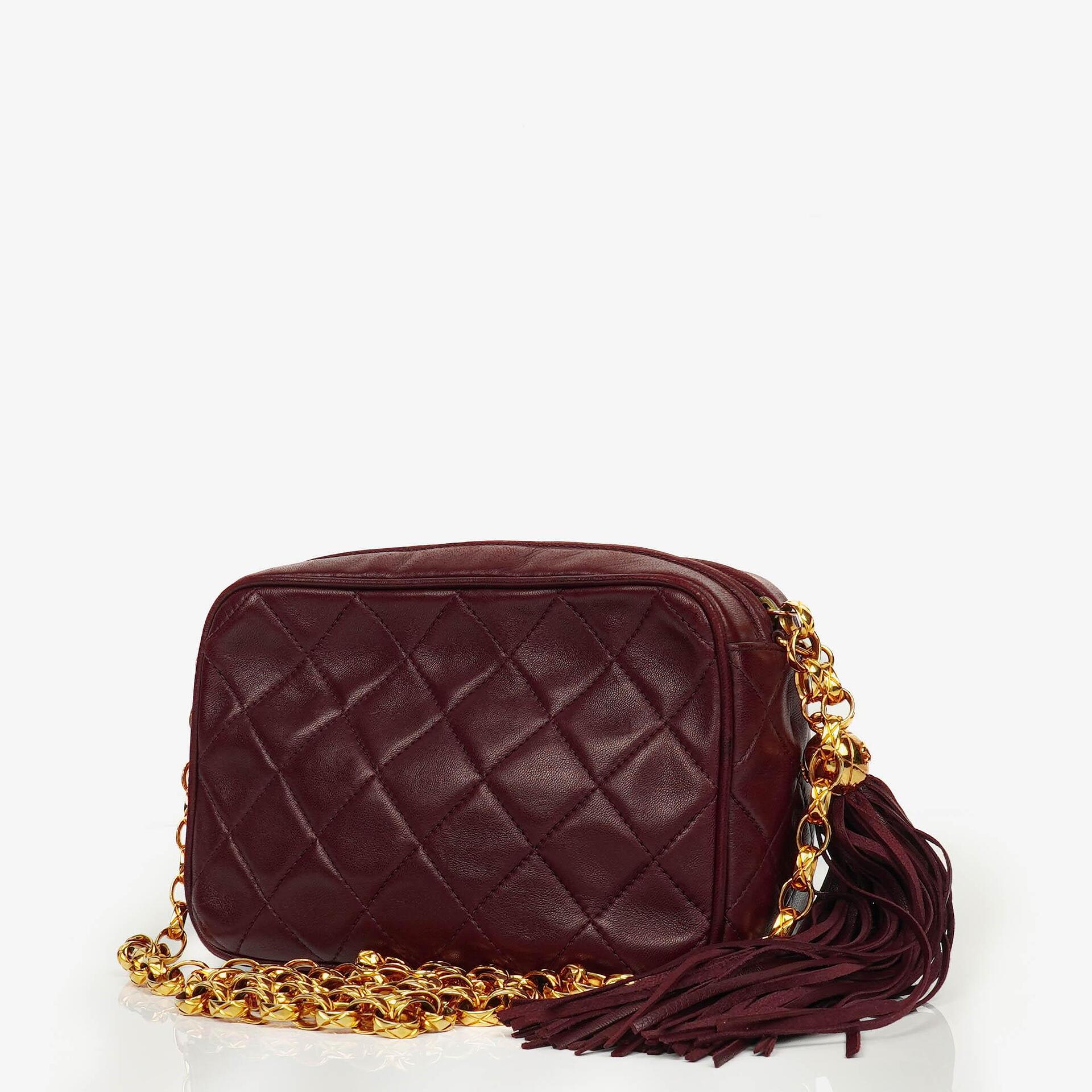 Chanel Vintage CC Camera Tassel Tasche aus burgunderfarbenem gestepptem Lammleder