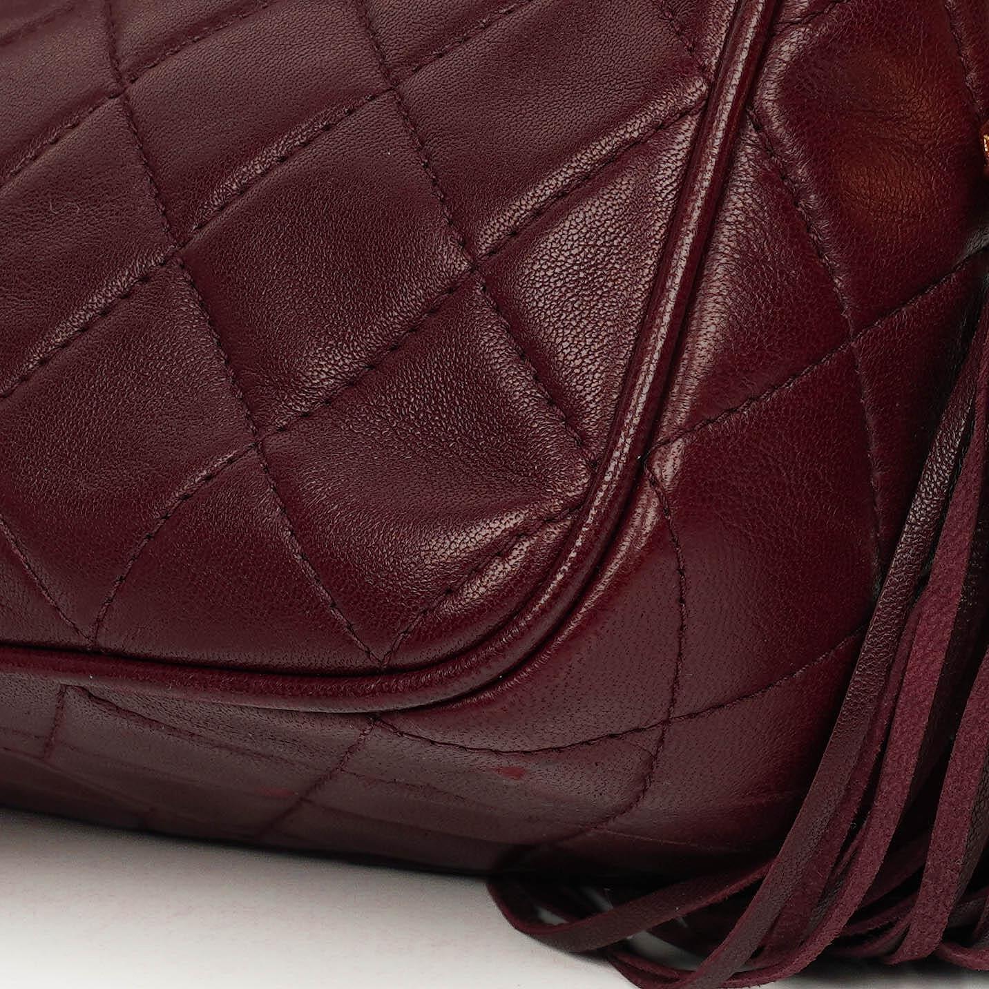 Chanel Vintage CC Camera Tassel Tasche aus burgunderfarbenem gestepptem Lammleder