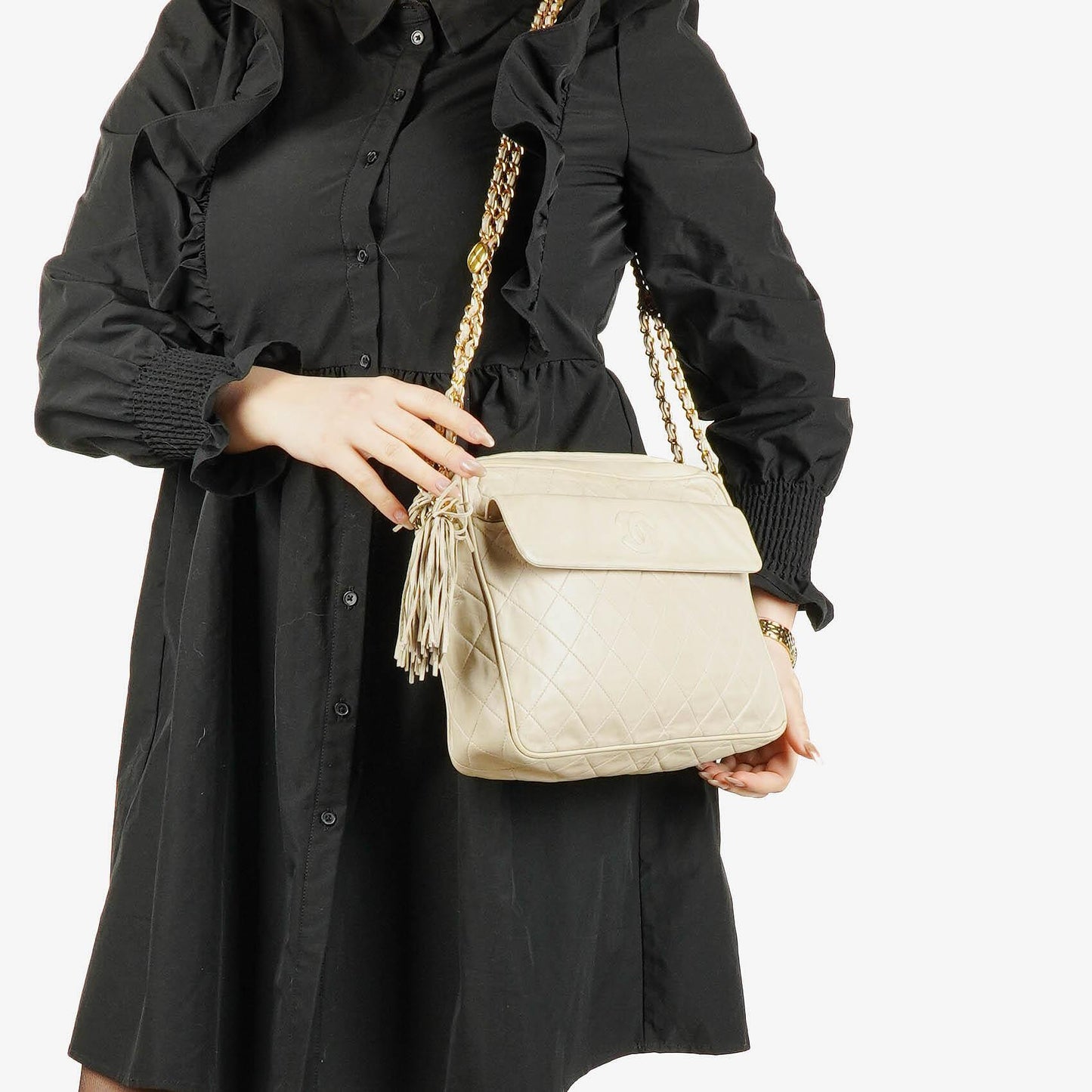 Chanel Vintage CC Camera Tasche aus gestepptem Lammleder mit Quaste