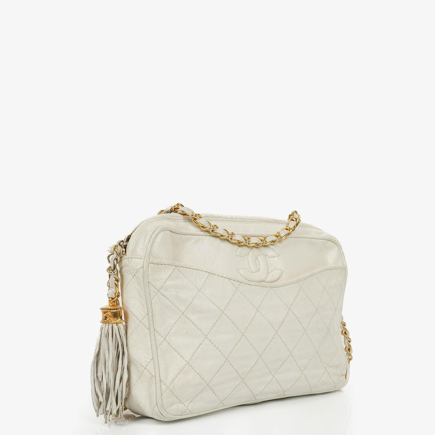Chanel Vintage CC Camera Tassel Tasche aus gestepptem Lammleder