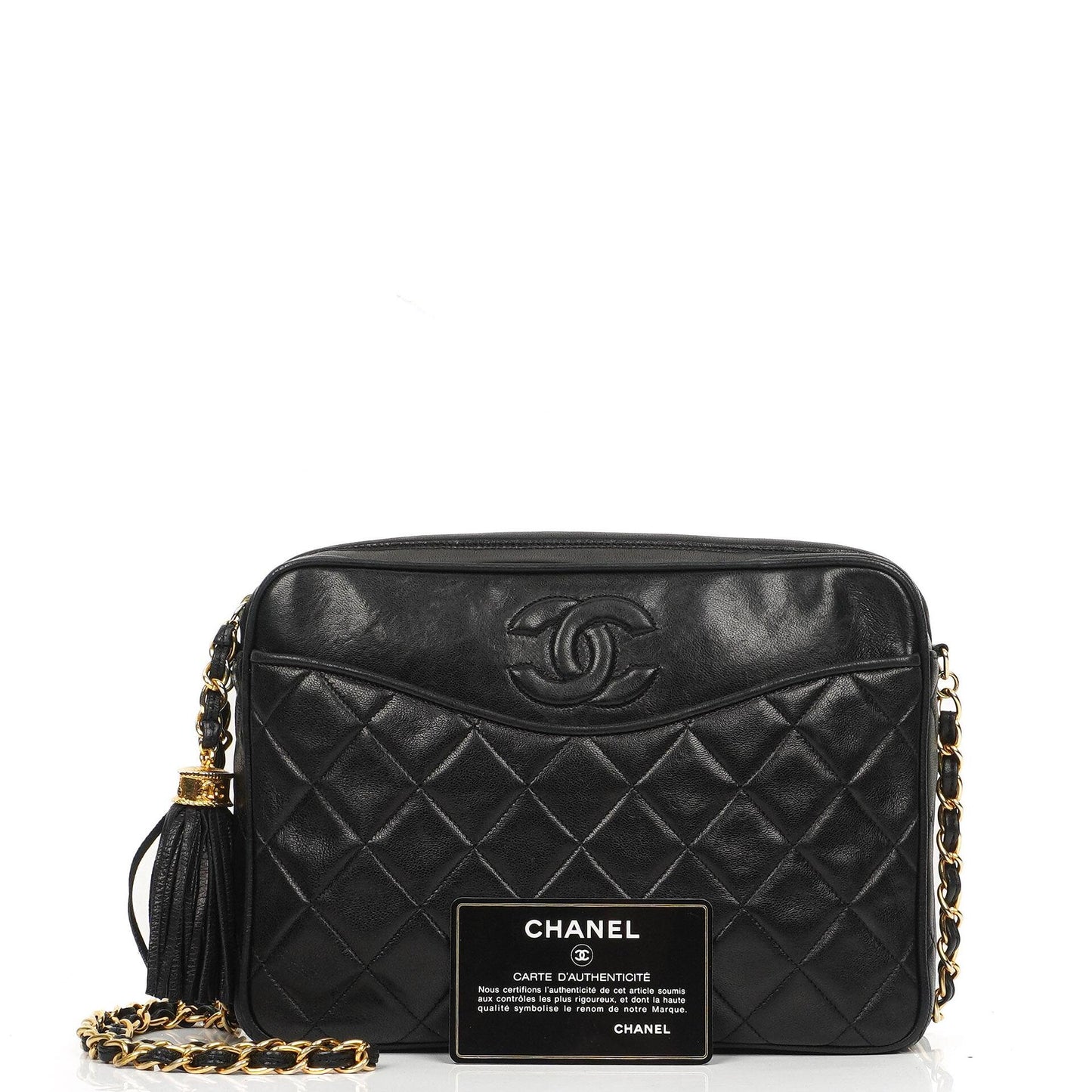 Chanel Vintage CC Tassel Kamera Tasche Schwarz gestepptes Lammleder mit Goldbeschlägen