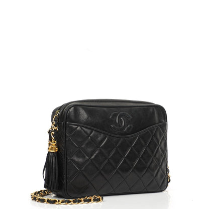 Chanel Vintage CC Tassel Kamera Tasche Schwarz gestepptes Lammleder mit Goldbeschlägen