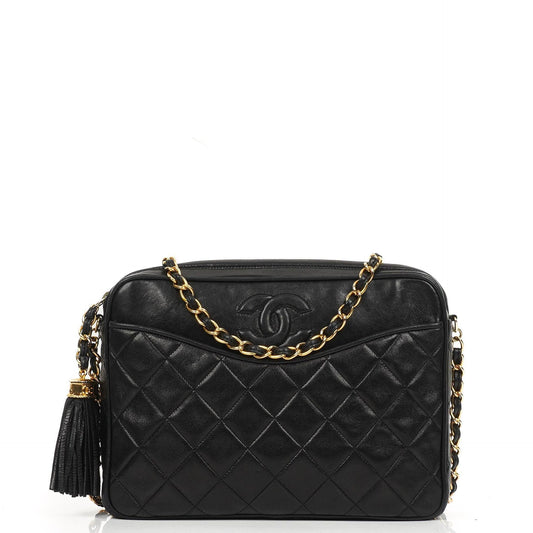 Chanel Vintage CC Tassel Kamera Tasche Schwarz gestepptes Lammleder mit Goldbeschlägen