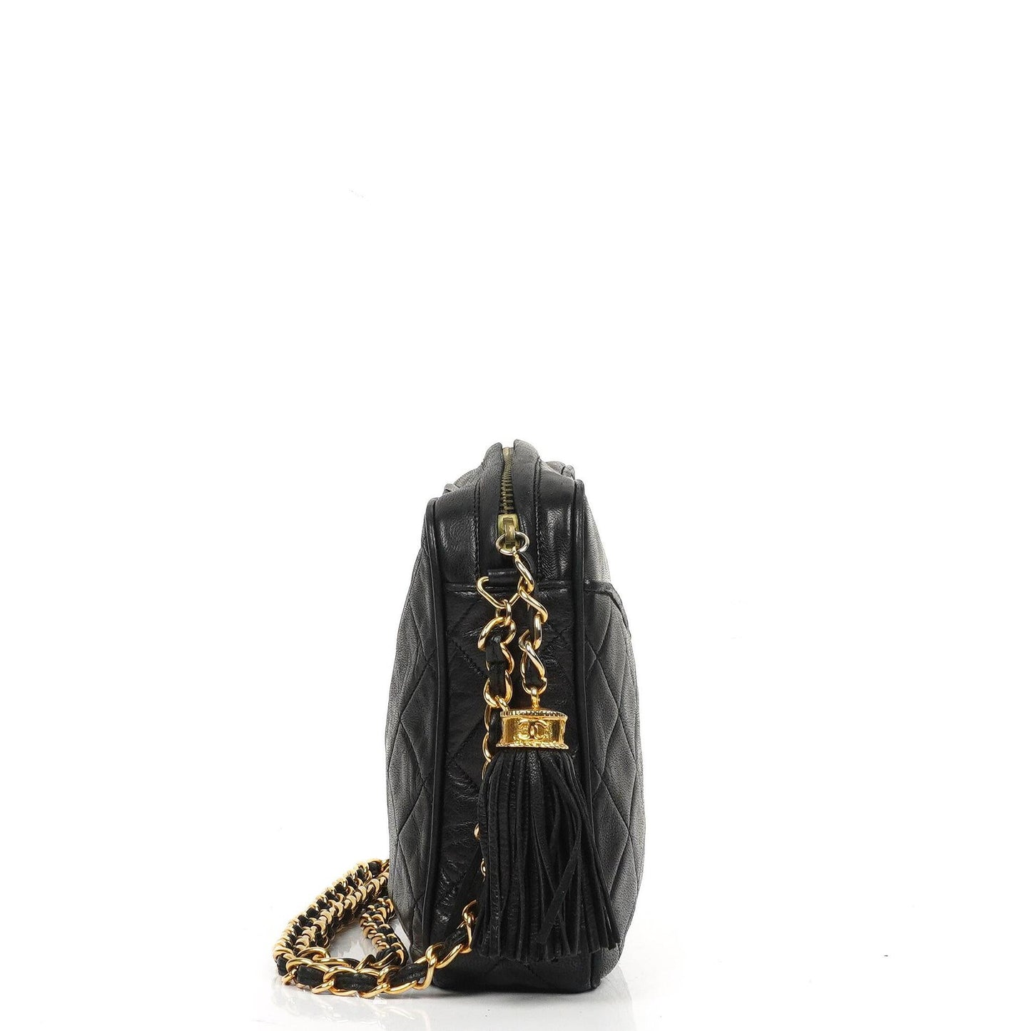 Chanel Vintage CC Tassel Kamera Tasche Schwarz gestepptes Lammleder mit Goldbeschlägen