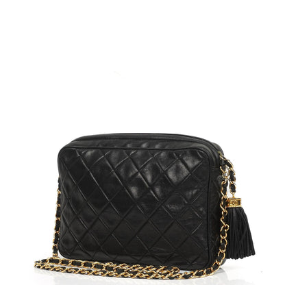 Chanel Vintage CC Tassel Kamera Tasche Schwarz gestepptes Lammleder mit Goldbeschlägen