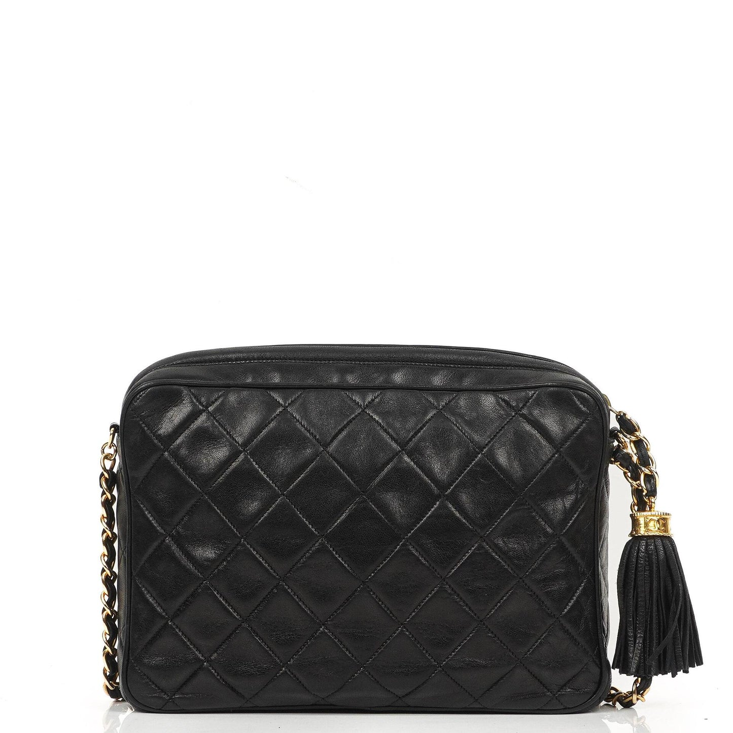 Chanel Vintage CC Tassel Kamera Tasche Schwarz gestepptes Lammleder mit Goldbeschlägen